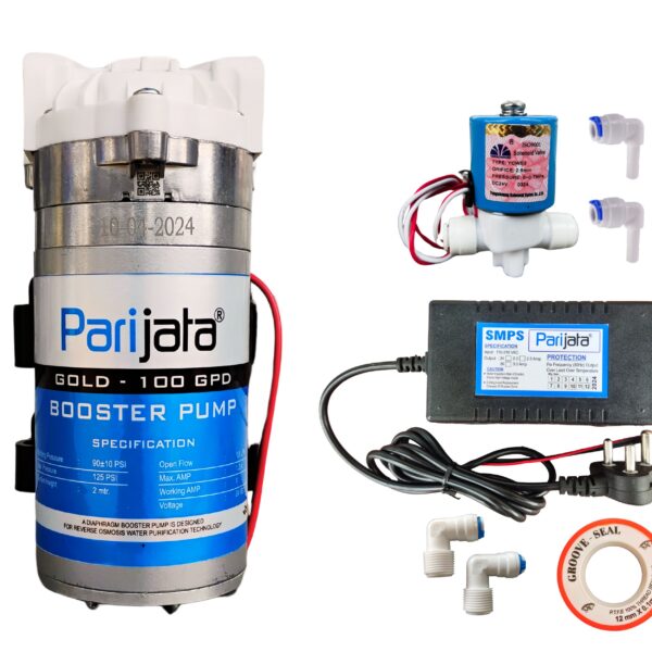 Parijata RO Booster Pump Kit – 100 GPD Pump + 24V SMPS + Solenoid Valve for Assembled RO Water Purifiers